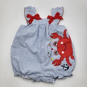 Goodlad Blue White Striped Crab Applique Bow Sleeve Detail Bubble Romper 12mths